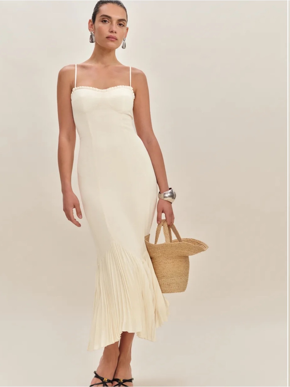 Reformation Aiko Cream Maxi Slip Dress with Pleated Flare